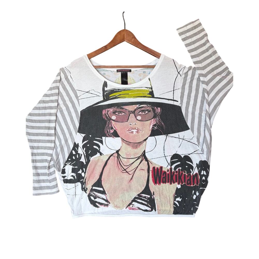 RARE Vintage Y2K Custo Barcelona Mixed Media Graphic Top Dolman Sleeved Size 3